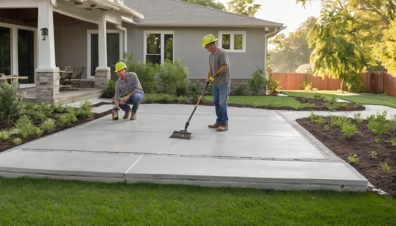 Finished concrete patio behind a ranch-style home in Pasadena with outdoor chairs and a grill